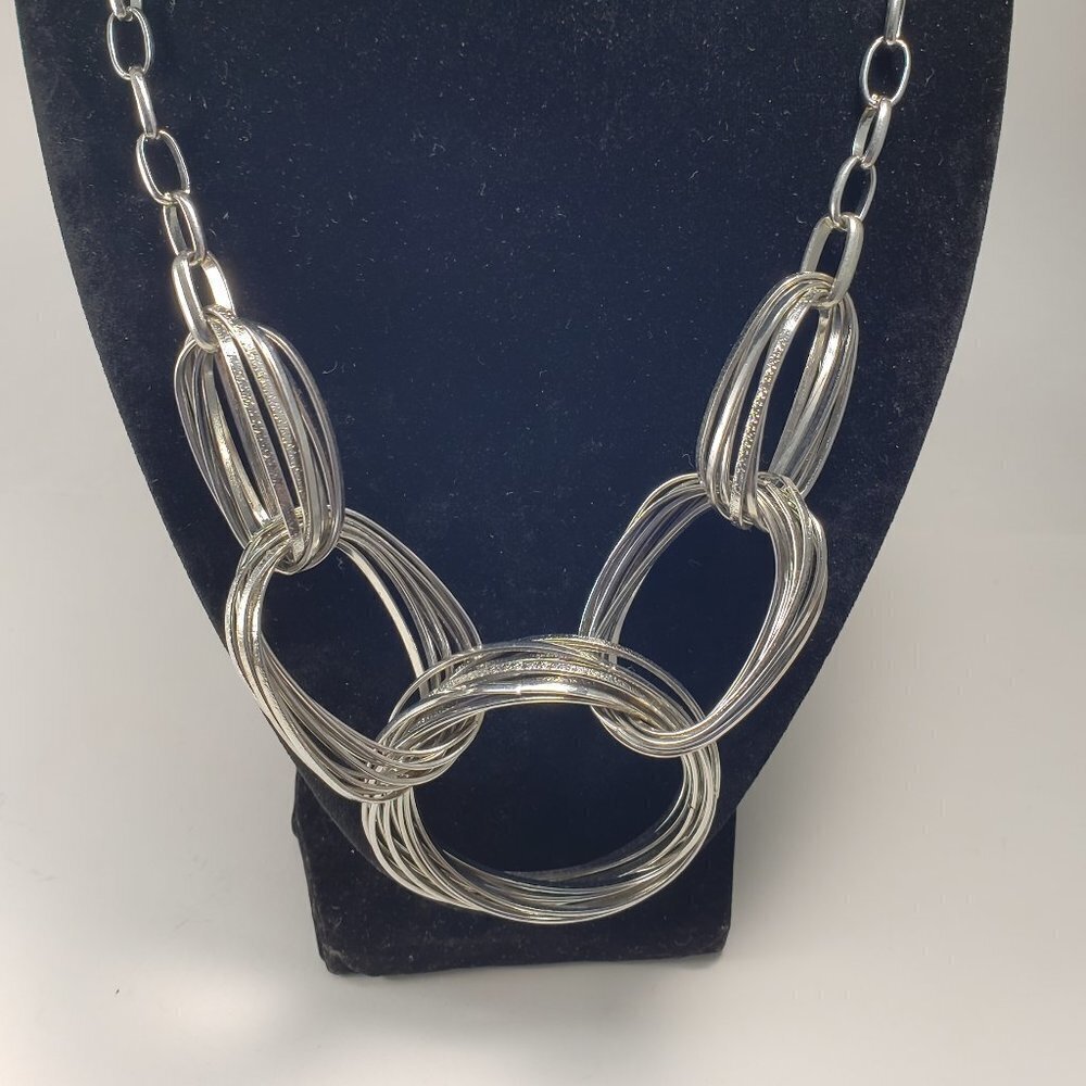 Bold Silver Statement Necklace Layered Hoops & Ov… - image 4
